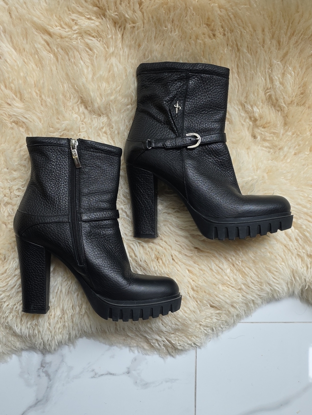 Cesare Paciotti Black Pebbled Leather Lug-Sole Block Heel Ankle Boots